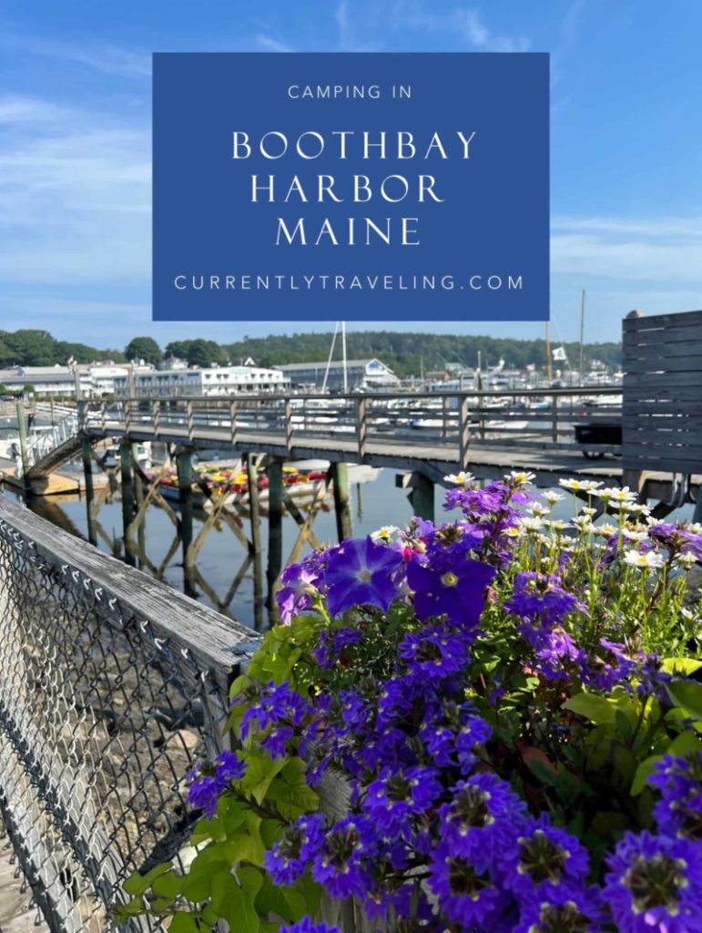 Image of flowers and footbridge over the water of Boothbay Harbor Maine.