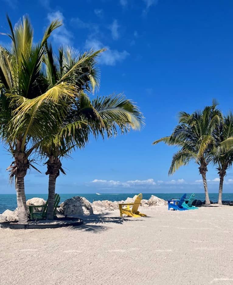 a photo of the beach in Marathon FL looking out on the gulf of Mexico flanked by 4 palm trees with 3 Adirondack chairs on the beach