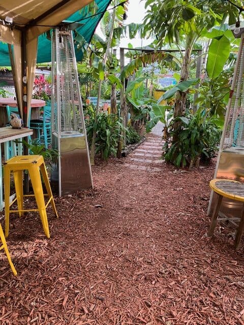 Tropical garden dining area at Irie Eats