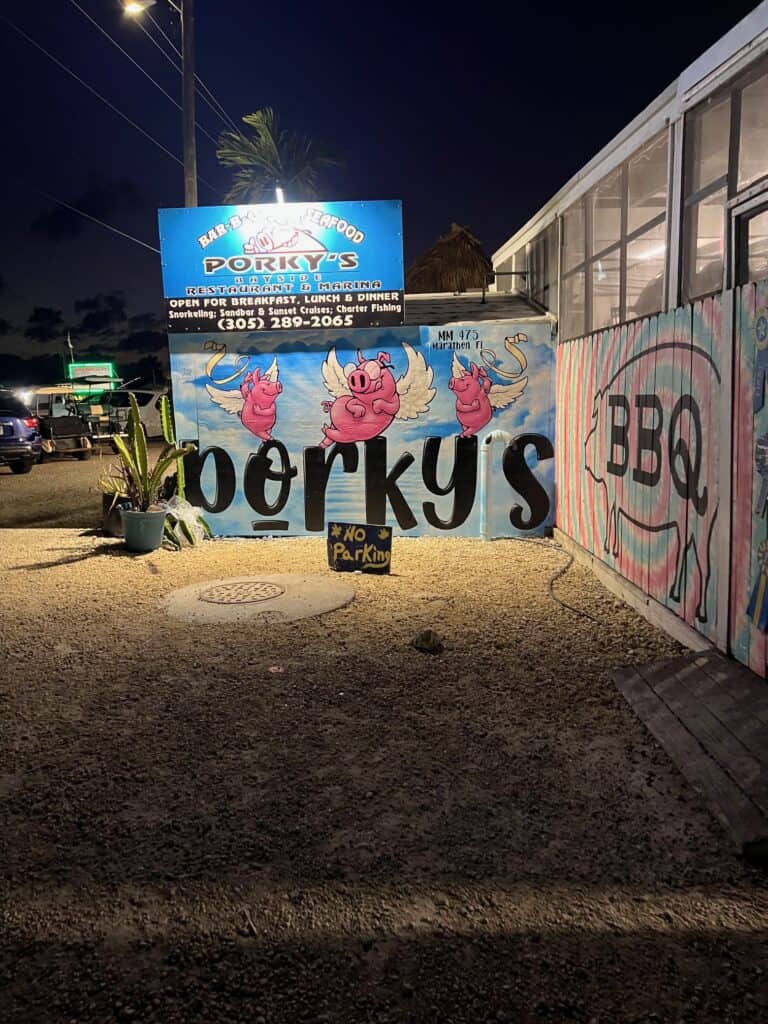 image of the signage outside Porky's restaurant in Marathon FL