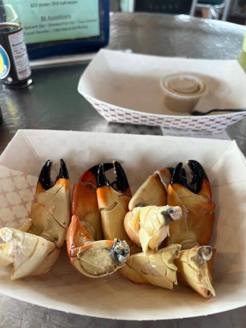 Stone crab claws in a paper tray