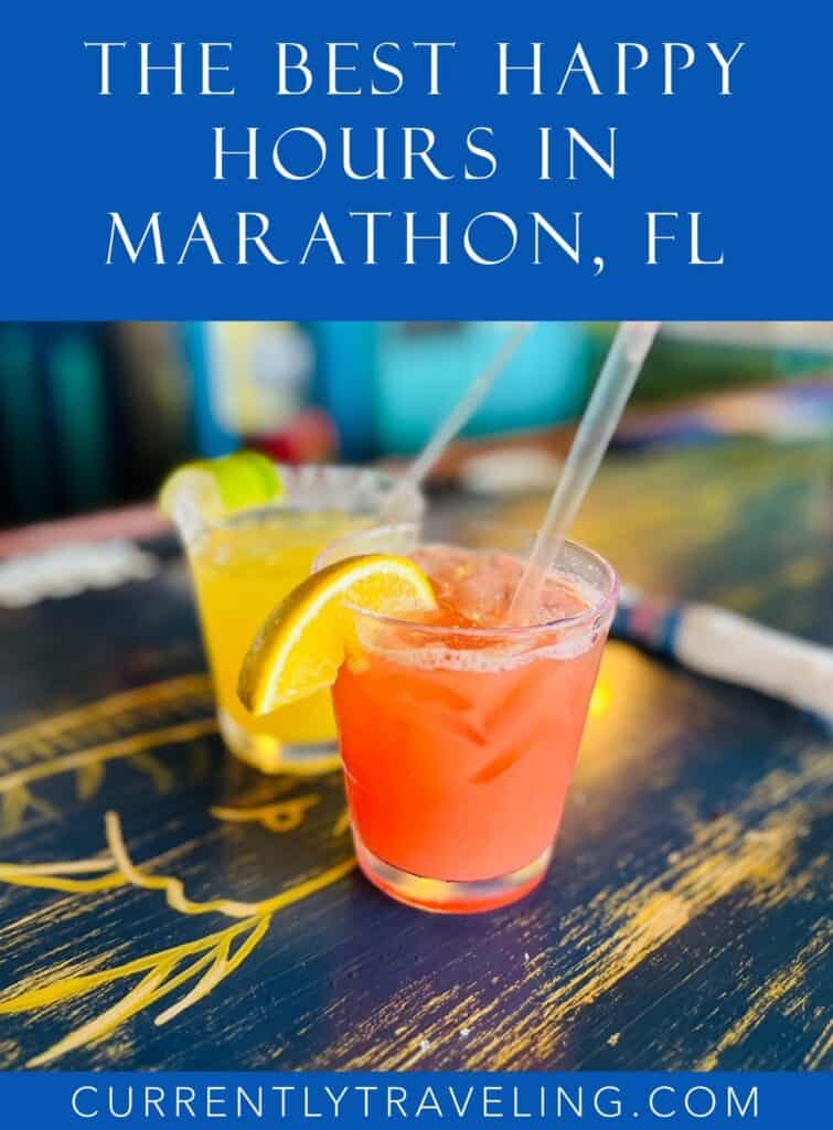 Two cocktails on a bar in Marathon, Florida for an article on the best happy hour deals in Marathon, Florida.