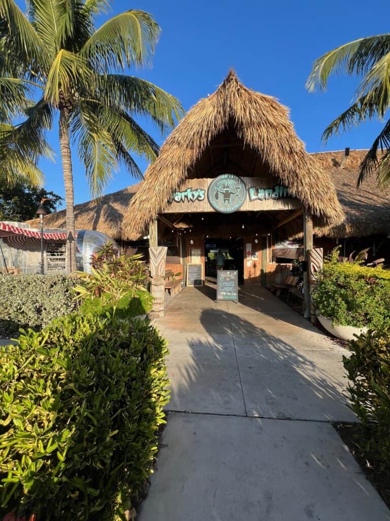 Exterior image of the front of the tiki style restaurant Sparky's in Marathon Florida