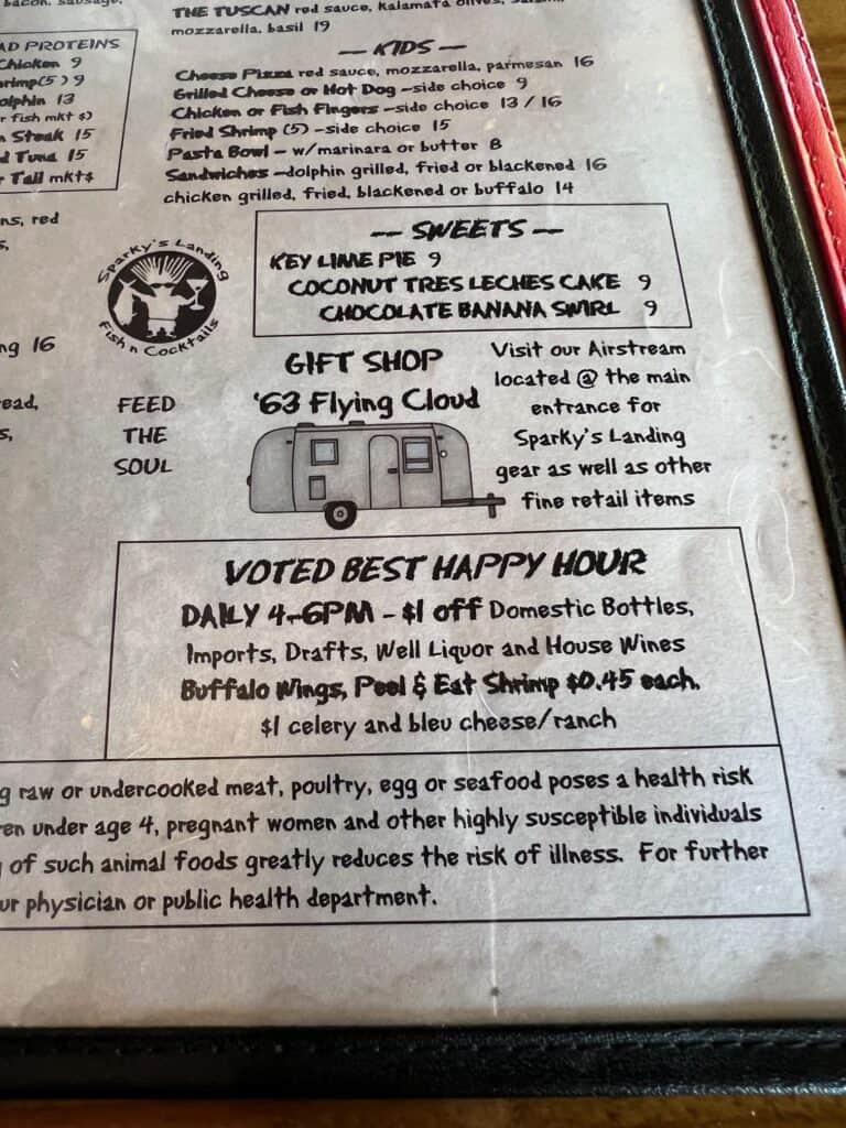 Image of Sparky's happy hour menu