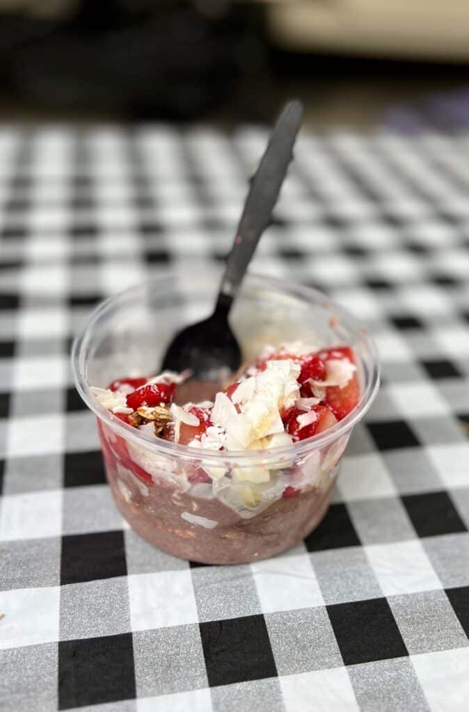 Acai bowl against a black and white background