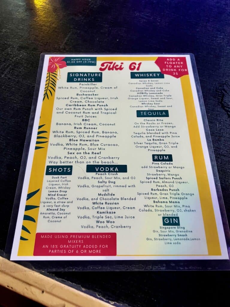 cocktail menu at tiki 61 marathon florida located in the tropical cottages