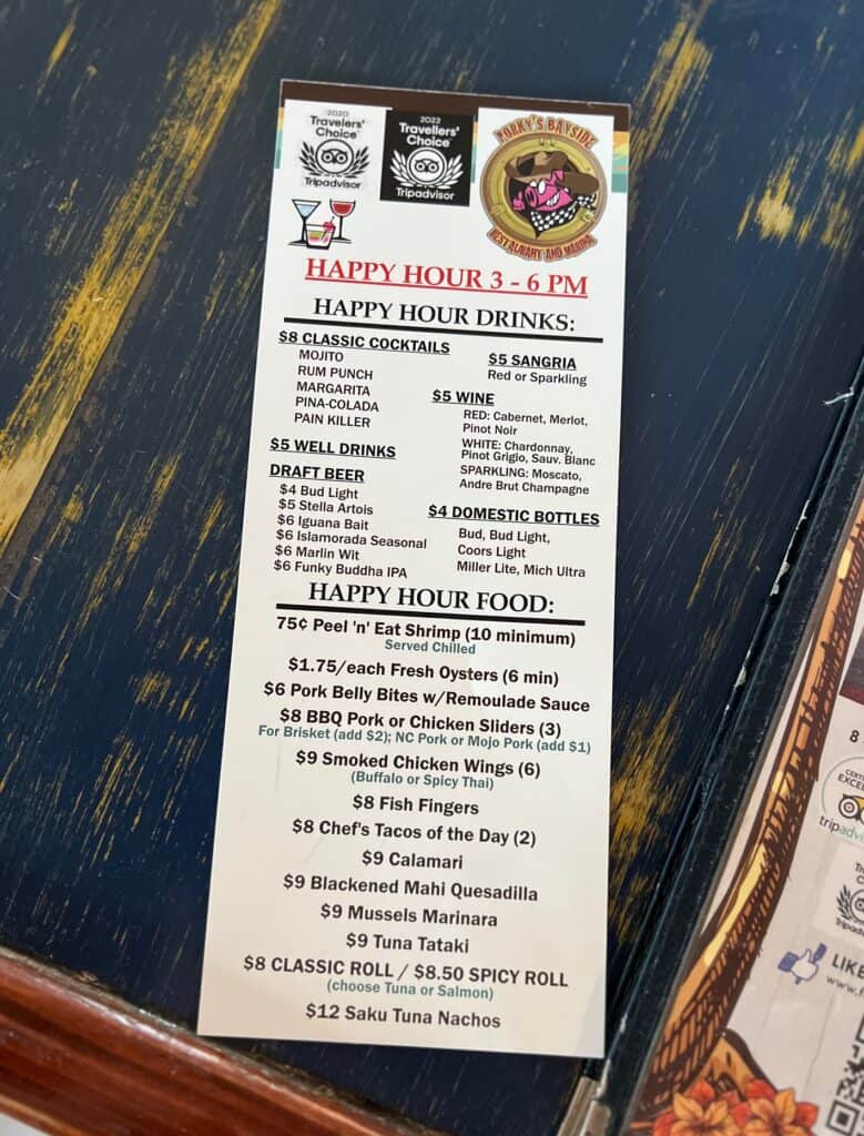 Happy hour menu at Porky's Bayside in Marathon Florida