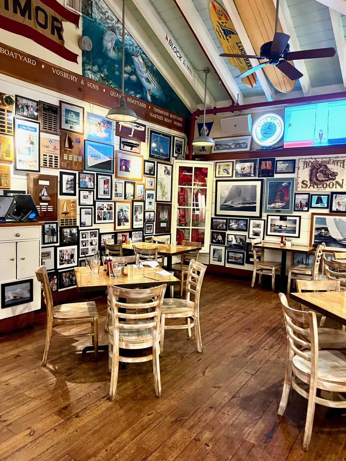 The interior of Boatyard Bar and Grill in Annapolis is full of nautical decor and sailing items