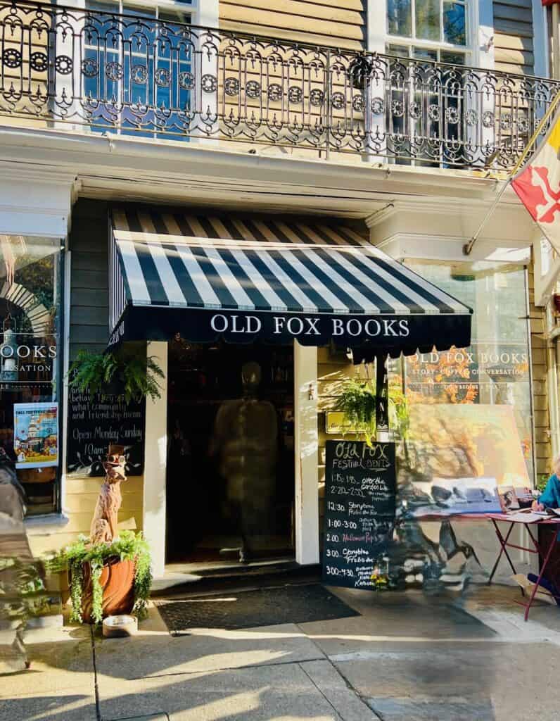 Front entrance of Old Fox Books in Annapolis where Brown Mustache Coffee is located