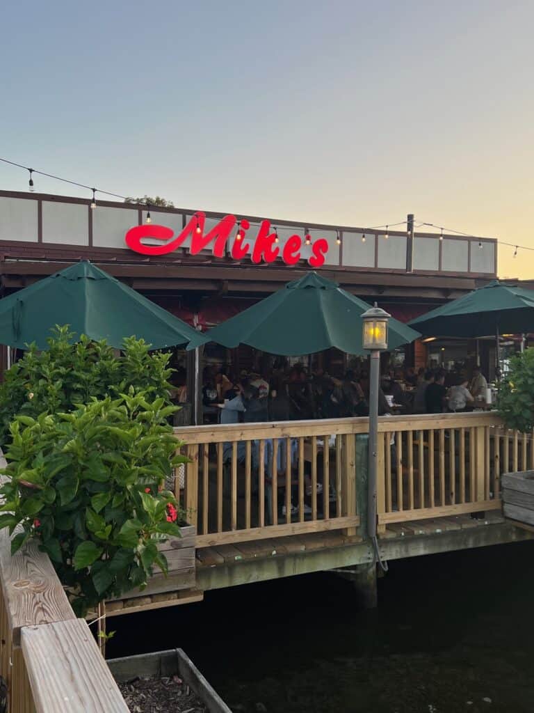 Exterior view of the waterfront deck of famous Mike's Crab House in Riva MD 