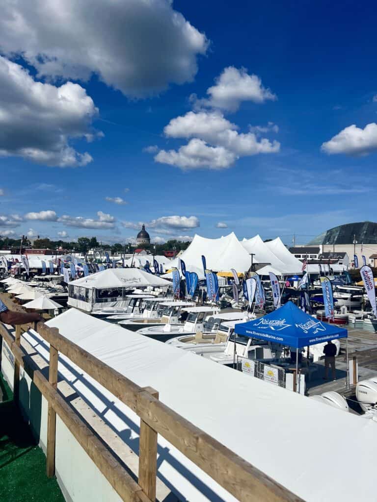 Powerboats and docks with view of ego alley in Annapolis during the boat show