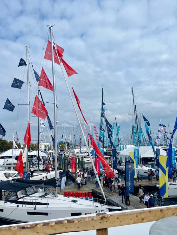 Sailboats with flags during the annual United States Sailboat Show in Annapolis, Maryland