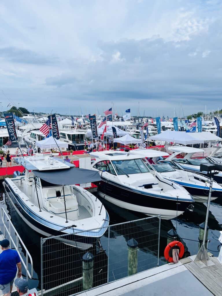 Powerboats in the slips at the Annapolis Powerboat Show