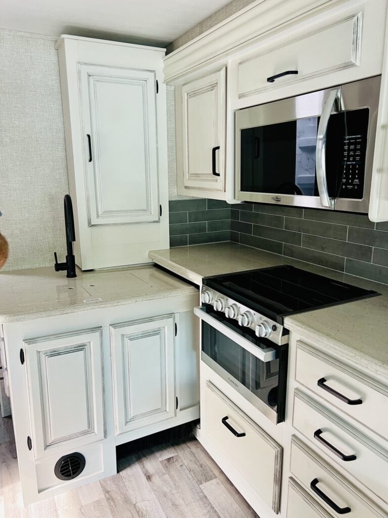 White and gray motorhome kitchen