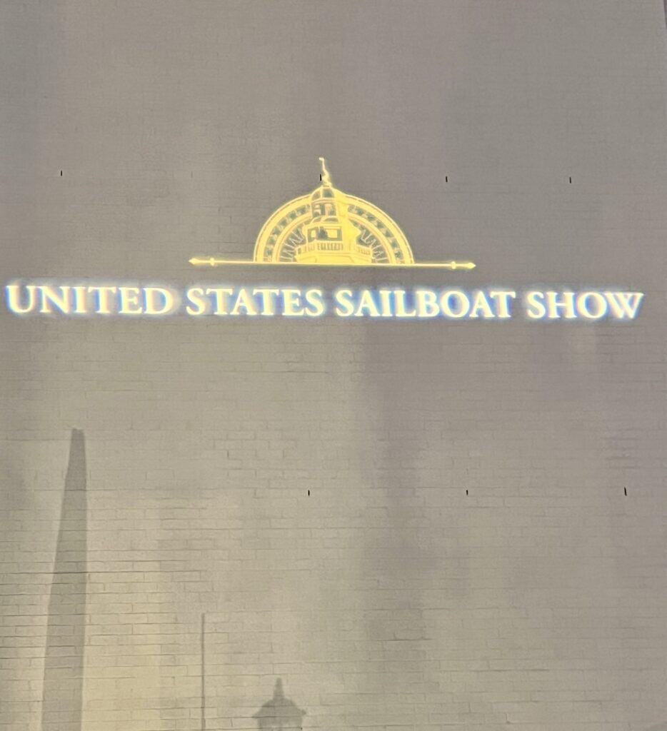 United States Sailboat Show logo projected on the Annapolis Waterfront Hotel