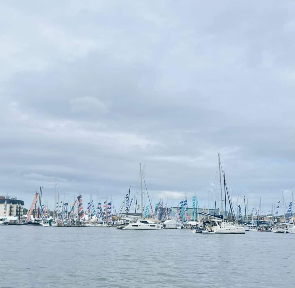 View of boats in the sailboat show from the water in Annapolis